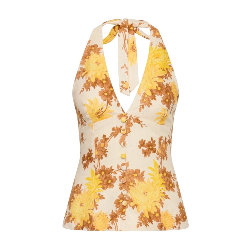 NWT Faithfull the Brand Marie Top in Midsummer Floral Mustard Brown Linen Halter - Picture 3 of 11